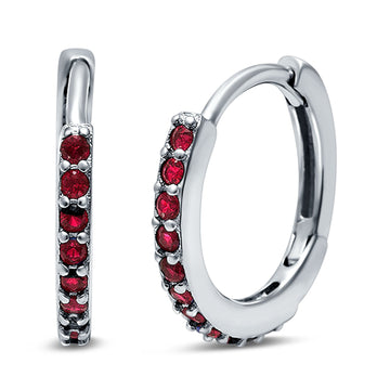 Half Eternity Hoop Earrings Round Simulated Ruby CZ 925 Sterling Silver (16mm)